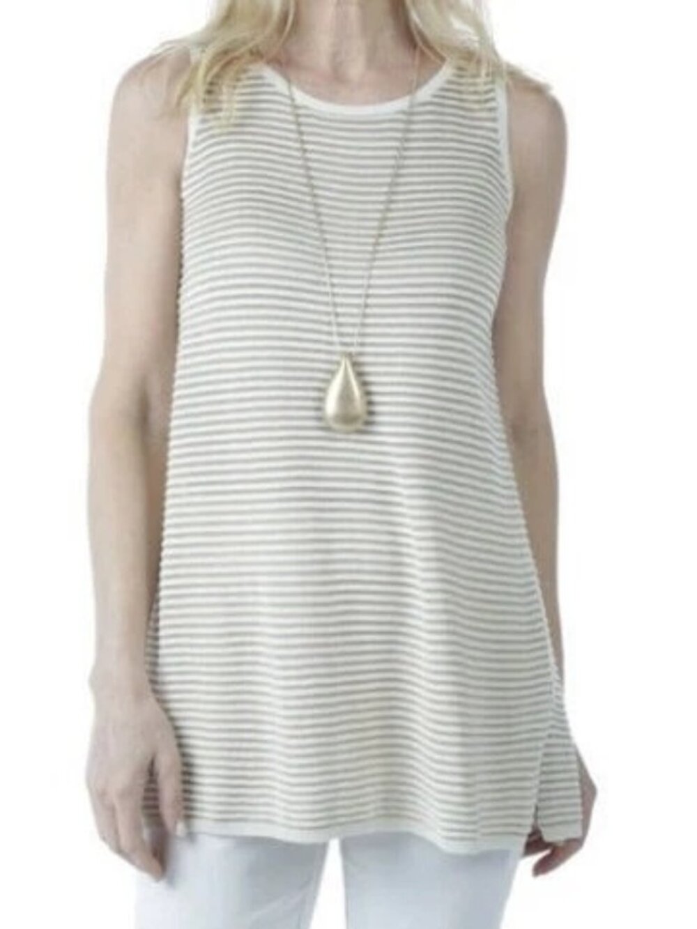 Marla Wynne Beige & Gold Ottoman Stitch Sleeveless Tunic Tank Top ( LARGE ) NWT